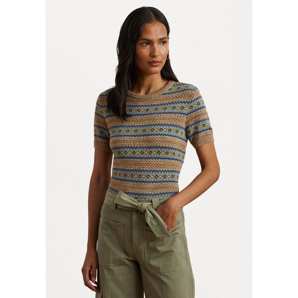 Lauren Ralph Lauren Women's Petite Fair Isle Short Sleeve Sweater Top Tan P/M - Picture 2 of 10